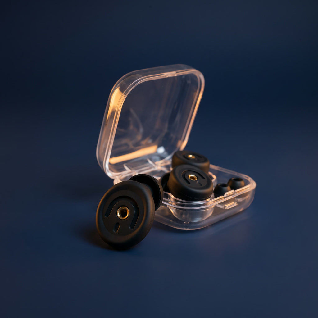 The Vesper hard case open on a dark blue surface, with the round black earplugs beside it