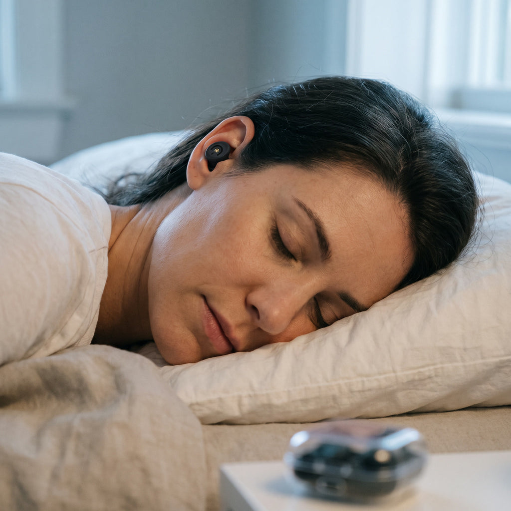 A woman asleep on her side on a white pillow, a small black earplug in her ear
