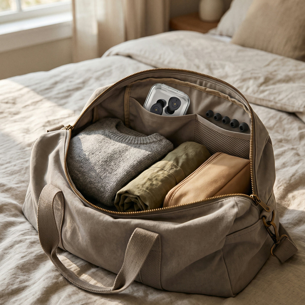 The clear case of earplugs packed in an open overnight bag on a bed