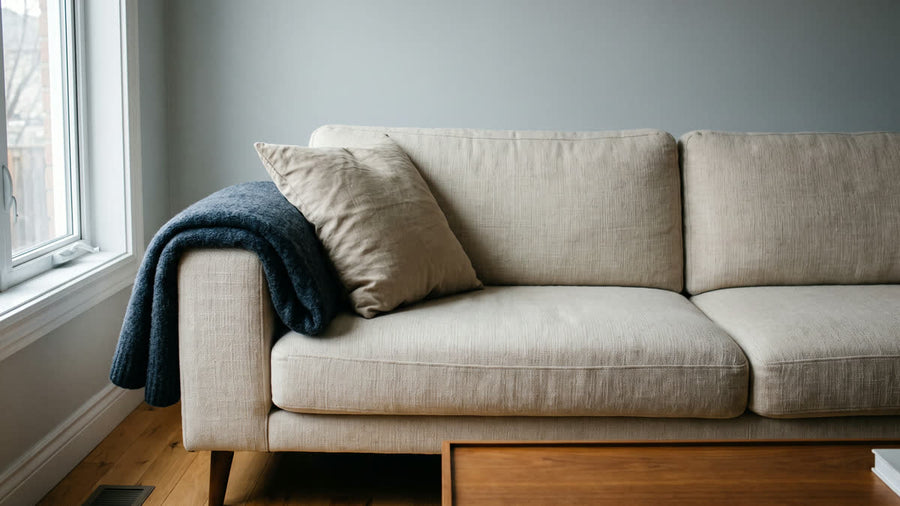 An empty couch in grey morning light, a pillow and a folded blanket at one end