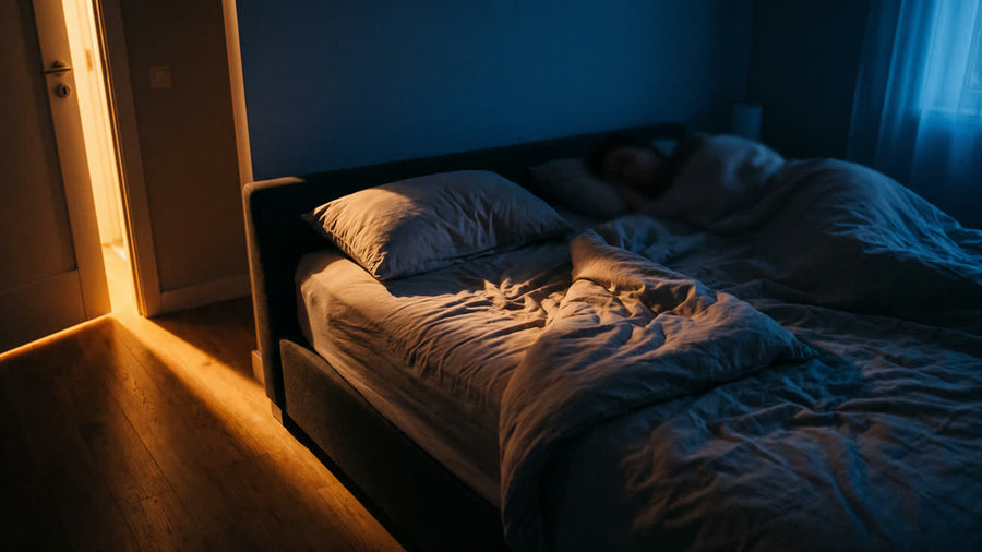 A dark bedroom at night, a partner asleep in the bed and the hall light coming through the open door